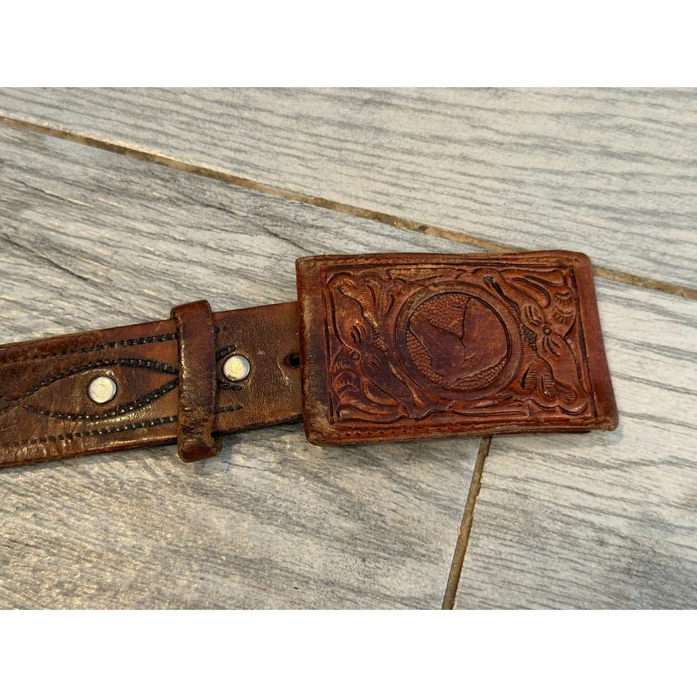 Tooled Leather Belt 32 Brown Stash Locket Buckle Western Hidden Pocket